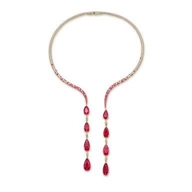 View full screen - View 1 of Lot 149. Gold, Ruby and Diamond Necklace.