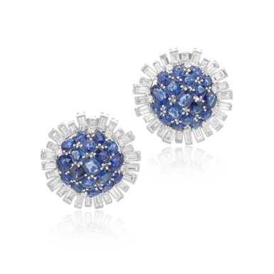 View full screen - View 1 of Lot 906. Pair of sapphire and diamond ear clips.
