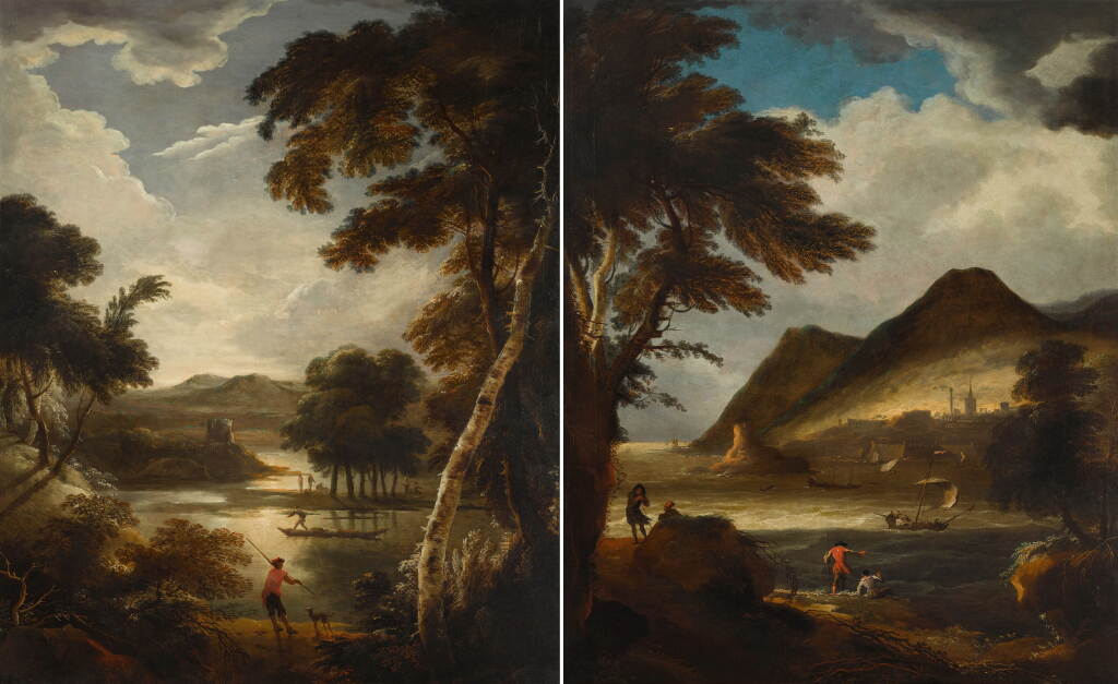 View full screen - View 1 of Lot 41. A pair of landscapes: A wooded river landscape with a ferry and figures, a ruined tower beyond; A coastal landscape with figures by the shore, a town and mountains beyond.