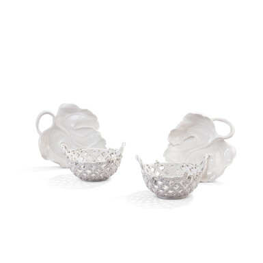 View full screen - View 1 of Lot 691. A pair of Berlin (Wegely) two-handled white porcelain reticulated baskets and a pair of Berlin (Wegely) white porcelain leaf-shaped dishes, circa 1751-57.