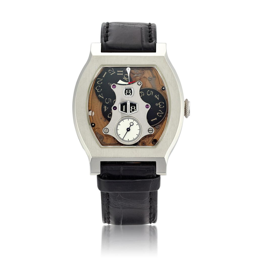 View full screen - View 1 of Lot 2088. Vagabondage II | A limited edition platinum semi-skeletonized wristwatch with digital time display and power reserve indication, Circa 2011 | Vagabondage II | 限量版鉑金半鏤空腕錶,備跳字及動力儲備顯示,約2011年製.