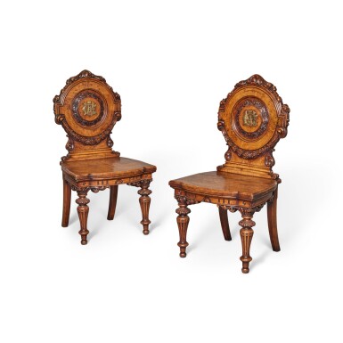 View full screen - View 1 of Lot 148. A Pair of Victorian Brass Mounted Elm and Burr Elm Hall Chairs by Pratt & Prince, Bradford, Third Quarter 19th Century.