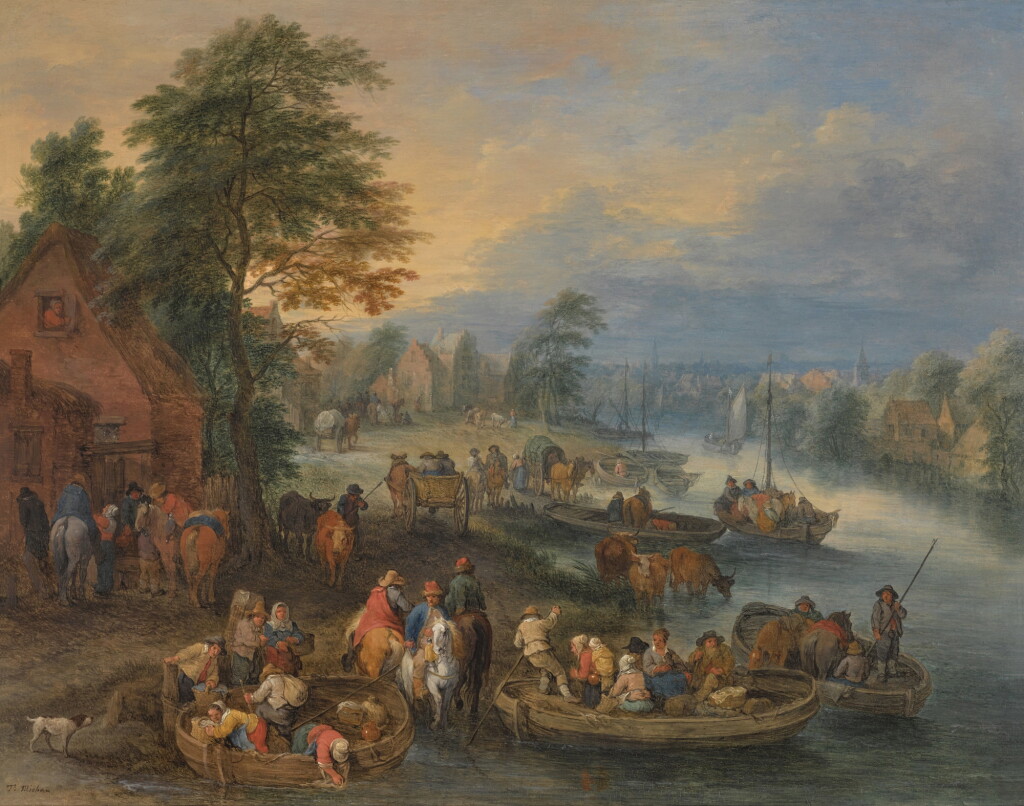 View full screen - View 1 of Lot 82. River landscape with travellers and cattle, a town beyond.