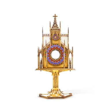 View full screen - View 1 of Lot 15. A silver-gilt monstrance, polychrome glass and fine pearls, Mellerio dits Meller, Paris, probably circa 1910-1920 | Ostensoir en vermeil, verre polychrome et perles fines par Mellerio dits Meller, Paris, probablement vers 1910-1920.