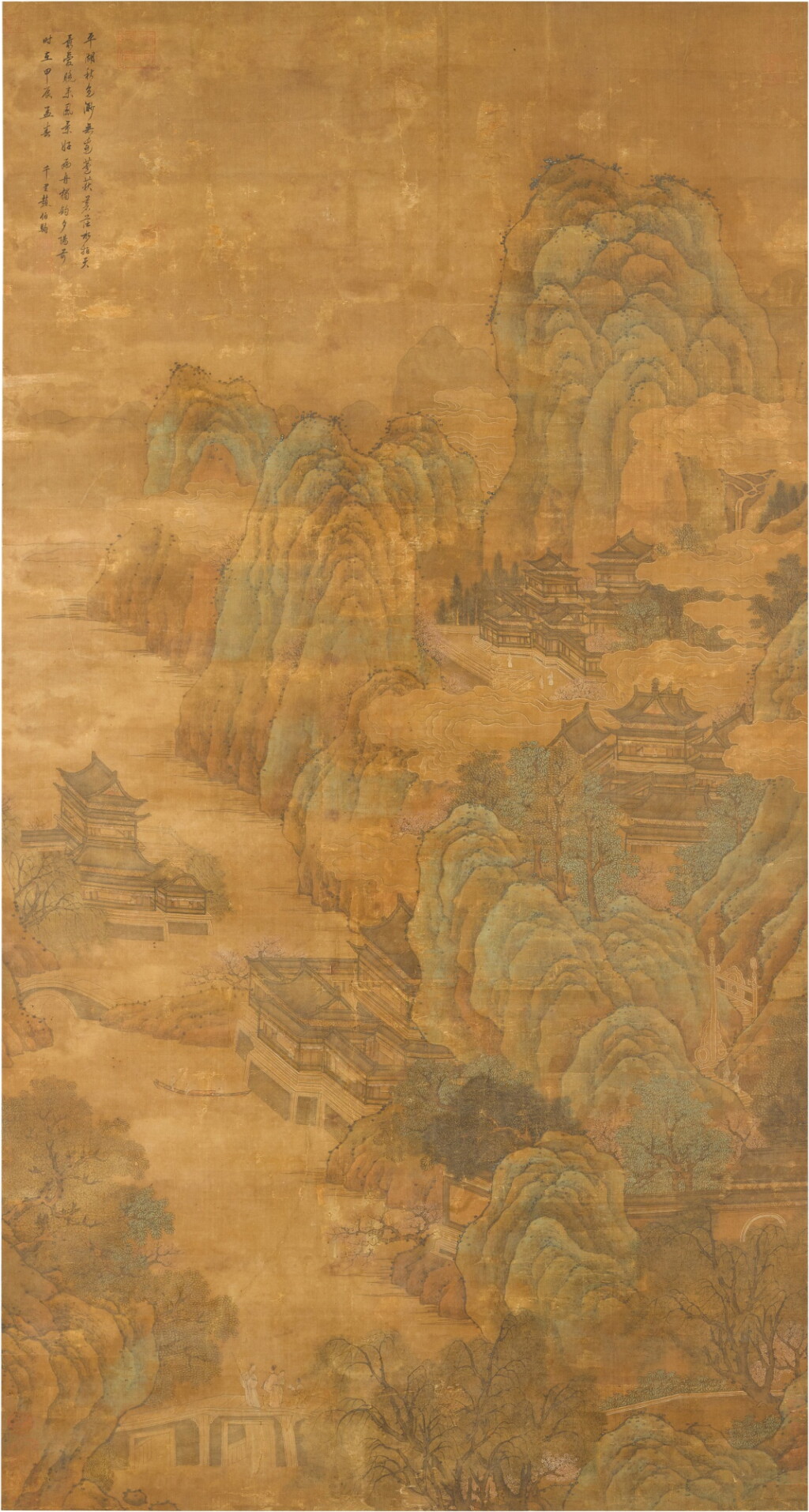 View full screen - View 1 of Lot 101. After Zhao Boju, Qing dynasty, 17th - 18th century, Landscape, ink and color on silk | 清十七至十八世紀 趙伯駒(款) 山水圖.