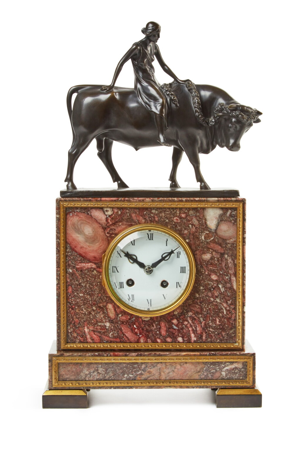 View full screen - View 1 of Lot 98. A PATINATED BRONZE AND GILT-MOUNTED BRECHE VIOLETTE MARBLE SCULPTURAL MANTEL CLOCK, GERMAN, CIRCA 1925.