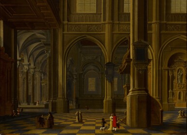 View full screen - View 1 of Lot 168. An interior of a Gothic cathedral with figures.