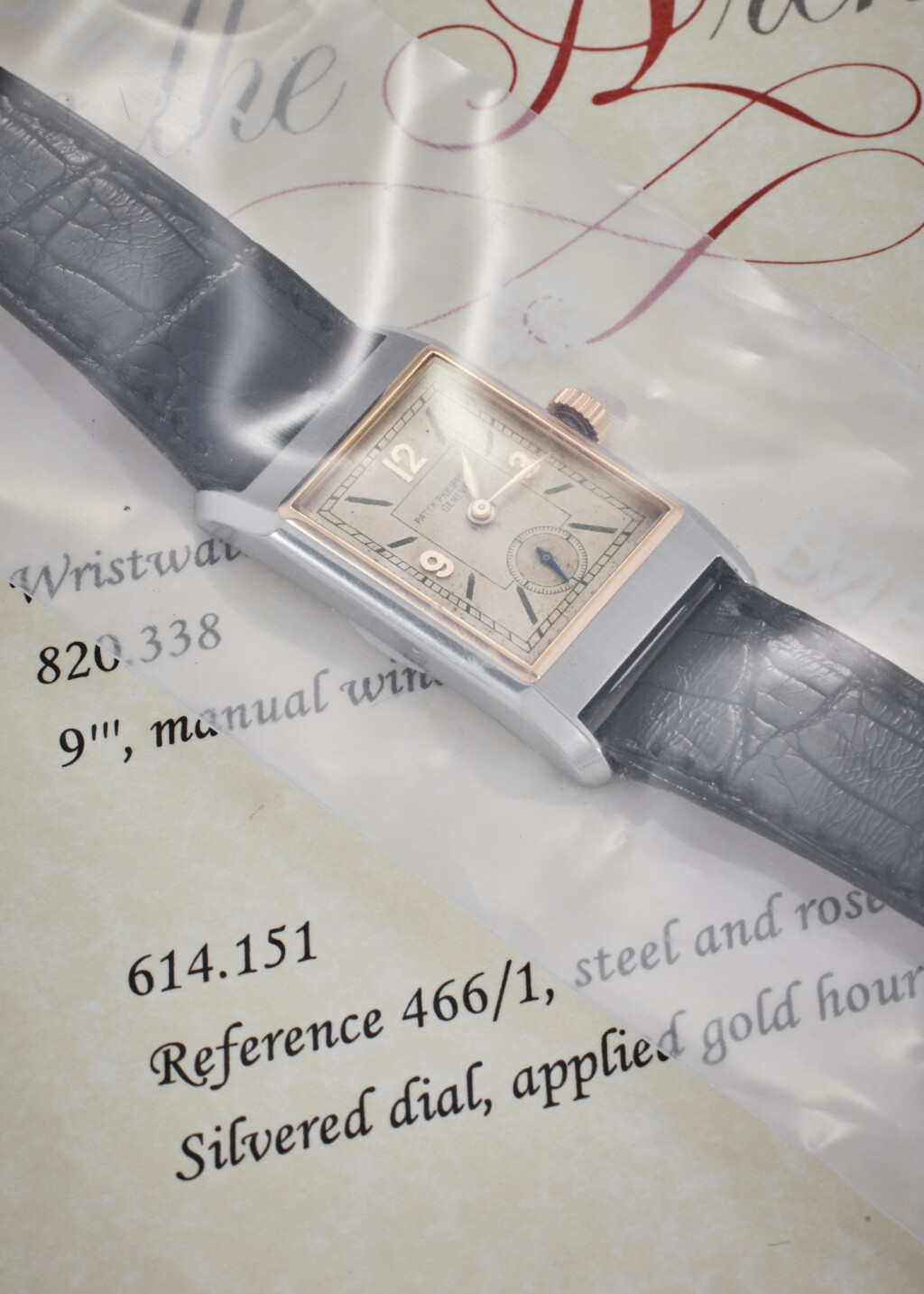 View full screen - View 1 of Lot 68. Reference 466/1 'Tegola' | An exceptionally rare stainless steel and pink gold rectangular wristwatch, Service Sealed, Made in 1929.