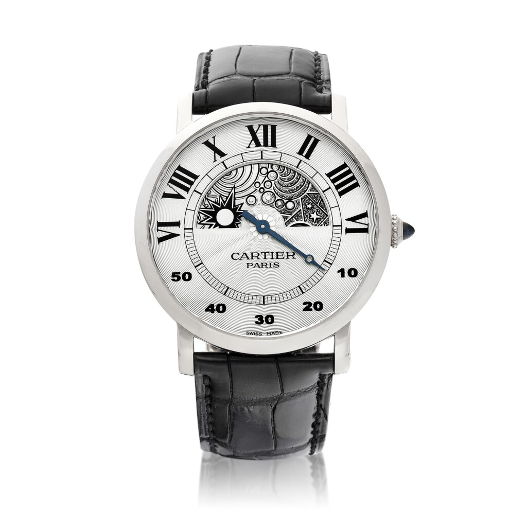 View full screen - View 1 of Lot 8098. Collection Privée Cartier Paris | Rotonde de Cartier, Reference 2873I | A white gold wristwatch with day and night indication and retrograde minutes, Circa 2007 | 卡地亞 | Collection Privée Cartier Paris Rotonde de Cartier 型號2873I | 白金腕錶,備晝夜顯示及逆跳分鐘,約2007年製.