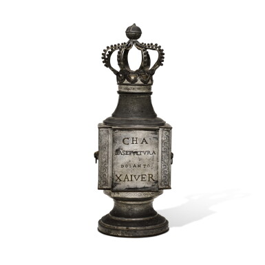View full screen - View 1 of Lot 68. A Chinese engraved pewter box to contain the soil of St Francis Xavier's tomb, mid 18th century.