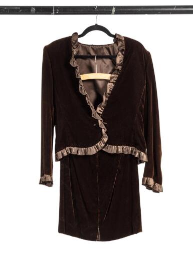 View full screen - View 1 of Lot 213. Brown velvet and ruffle ensemble with a selection of accessories.