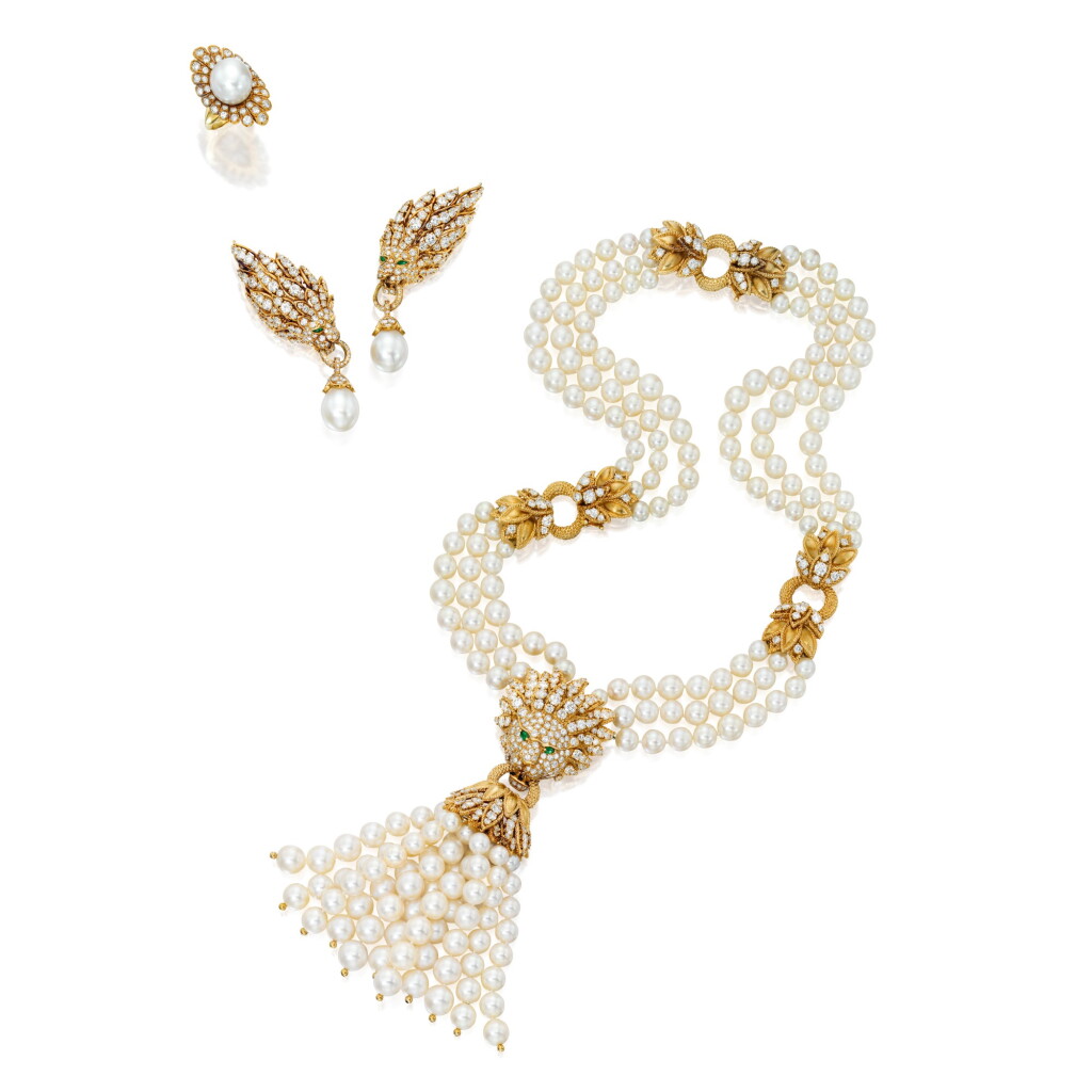 View full screen - View 1 of Lot 82. Van Cleef & Arpels | Suite of Gold, Cultured Pearl, Emerald and Diamond 'Barquerolles Lion' Jewels, France.