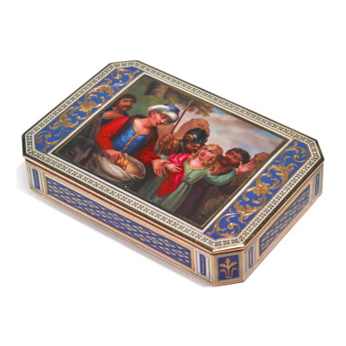 View full screen - View 1 of Lot 696. A SWISS ENAMELED GOLD SNUFF BOX, CIRCA 1800.