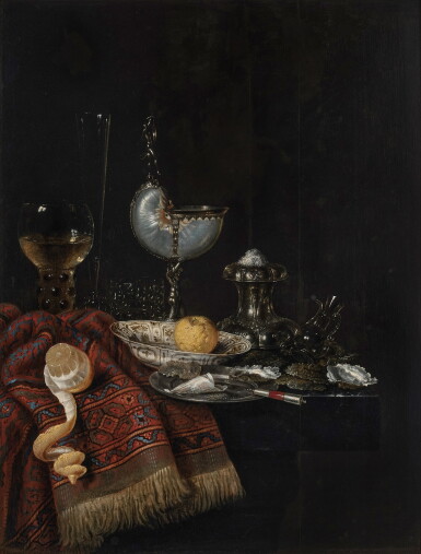 View full screen - View 1 of Lot 451. Still life with a nautilus cup, roemer, silver salt cellar, porcelain bowl, lemons, and oysters on a stone ledge, partly draped with a Persian rug.