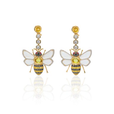 View full screen - View 1 of Lot 8. PAIR OF GEM SET AND DIAMOND EARRINGS, MICHELE DELLA VALLE.