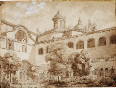 View full screen - View 1 of Lot 166. A monastery cloister with Baroque church behind, Italy.