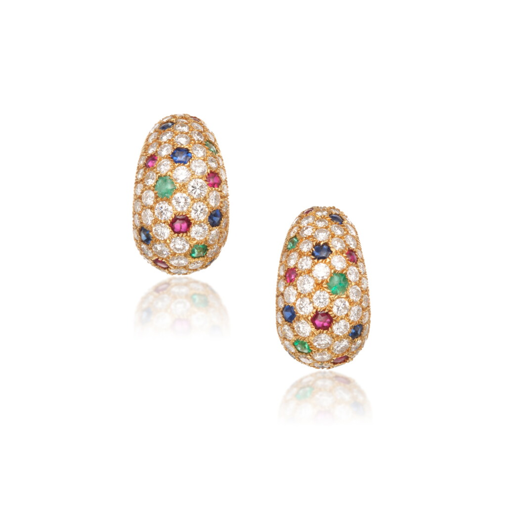 View full screen - View 1 of Lot 209. Pair of Gold, Gem-Set and Diamond Earclips, France.