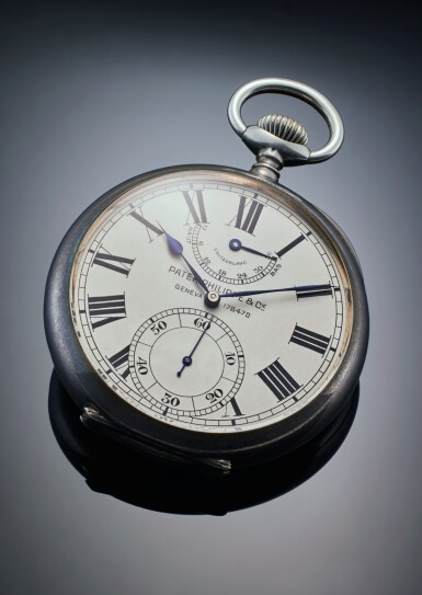 View full screen - View 1 of Lot 52. An oversized silver keyless open-faced deck watch with power reserve indication, Mvt. 178470, Case 283604, Made in 1913 and Sold in 1918.