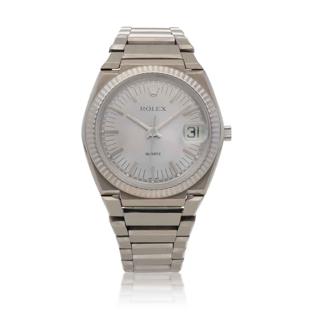 View full screen - View 1 of Lot 427. 'The Texan' Quartz, Ref. 5100 BETA 21 White gold wristwatch with date and bracelet Circa 1970 | 勞力士 5100 BETA 21型號「'The Texan' Quartz」白金鍊帶腕錶備日期顯示,年份約1970.