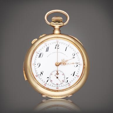 View full screen - View 1 of Lot 51. Retailed by Bailey Banks & Biddle Co.: A yellow gold open faced minute repeating split second chronograph watch, Circa 1904.