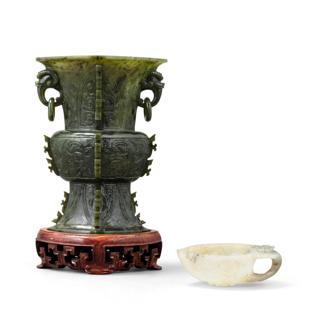 View full screen - View 1 of Lot 156. A spinach jade archaistic vase and a jade 'peach' cup 19th-20th century | 十九至二十世紀 碧玉雕出㦸方尊及青白玉雕桃式盃一組兩件.
