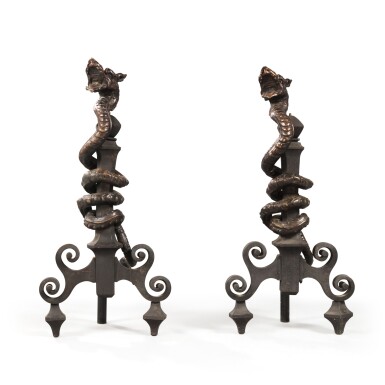 View full screen - View 1 of Lot 113. Pair of patinated bronze and cast iron dragoon, late 19th century | Paire de grands landiers au dragon en bronze patiné et fonte de fer, fin du XIXe siècle.