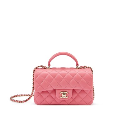 View full screen - View 1 of Lot 7808. Pink Quilted Lambskin Top Handle Mini Flap Bag Pale Gold Hardware, 2022.