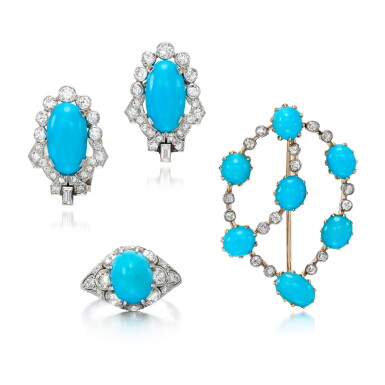 View full screen - View 1 of Lot 103. Pair of Turquoise and diamond ear clips 1960s, a turquoise diamond ring 1960s, and diamond brooch, 1970s.