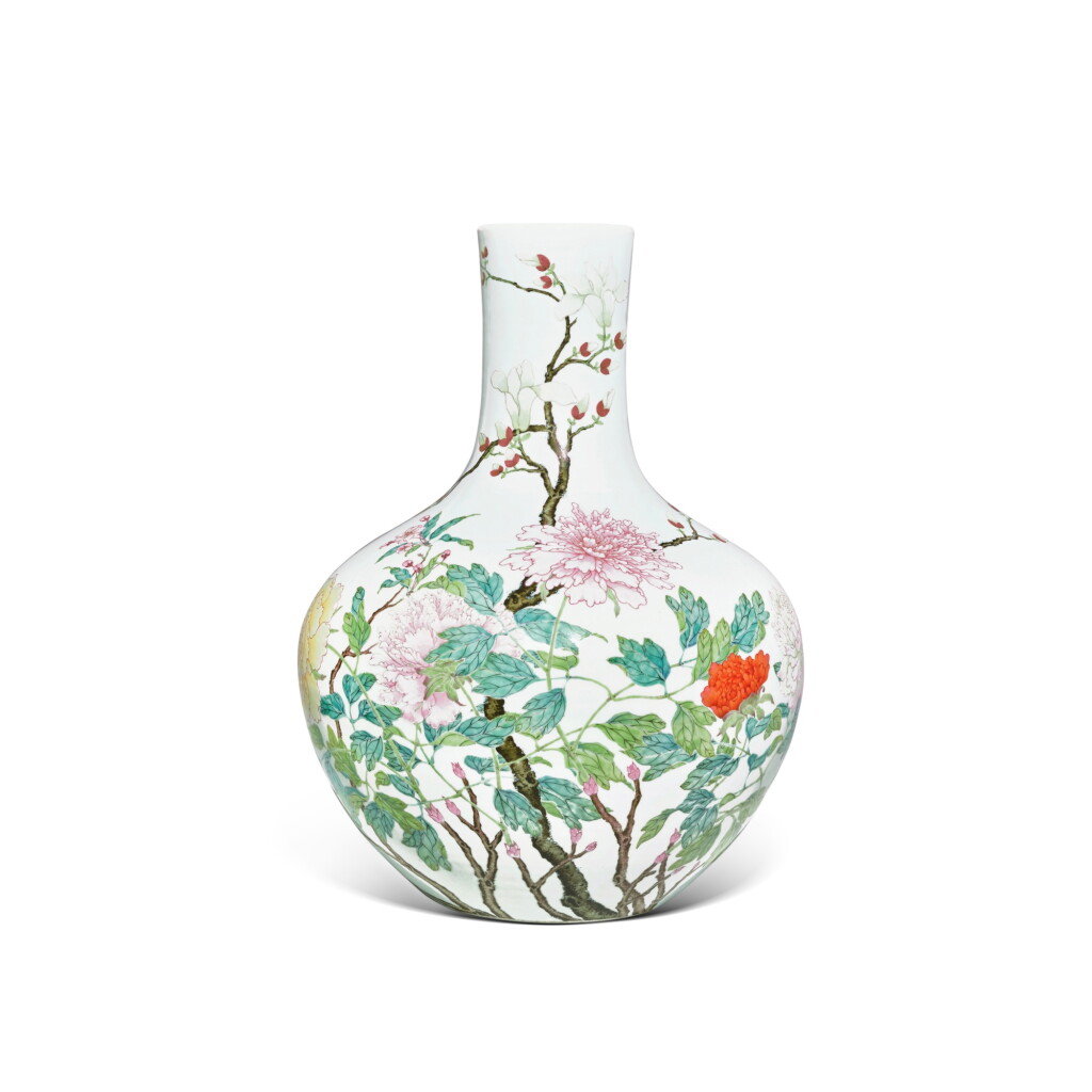 View full screen - View 1 of Lot 111. A magnificent and extremely rare famille-rose 'peony, magnolia and peach blossom' vase (Tianqiuping), Seal mark and period of Yongzheng .