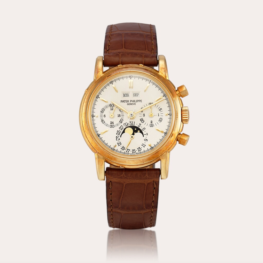 View full screen - View 1 of Lot 2161. Reference 3970 A yellow gold perpetual calendar chronograph wristwatch with moon phases, 24 hours and leap year indication, Made in 1988 | 百達翡麗 | 型號3970 | 黃金萬年曆計時腕錶,備月相、24小時及閏年顯示,1988年製.