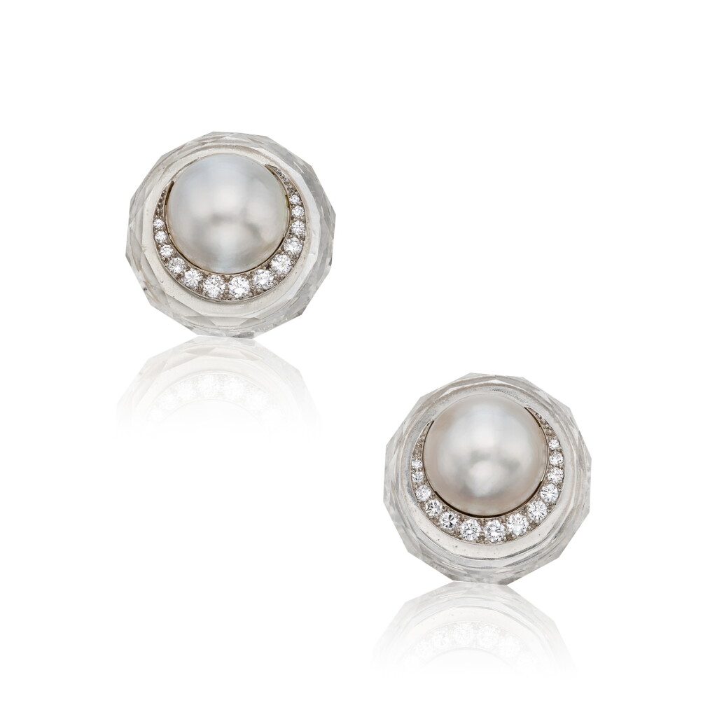 View full screen - View 1 of Lot 576. Pair of Mabé Pearl, Rock Crystal and Diamond Earclips .