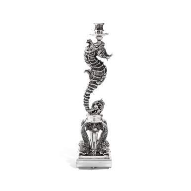 View full screen - View 1 of Lot 46. An Italian large silver seahorse candlestick/lamp, Buccellati, Milan, modern | Grand flambeau hippocampe en argent par Buccellati, Milan, moderne.