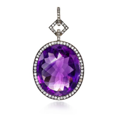 View full screen - View 1 of Lot 418. A Fabergé diamond and amethyst-set platinum and gold pendant, workmaster Albert Holmström, St Petersburg, circa 1910,.