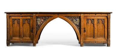 View full screen - View 1 of Lot 76. A VICTORIAN CARVED OAK SIDEBOARD, THE DESIGN ATTRIBUTED TO A.W. PUGIN AND POSSIBLY BY J. G. CRACE, 19TH CENTURY.