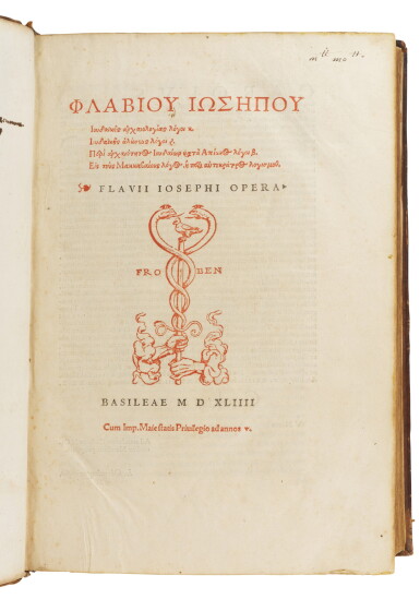 View full screen - View 1 of Lot 131. Josephus, Opera, Basel, Froben, 1544, later sixteenth-century calf gilt.