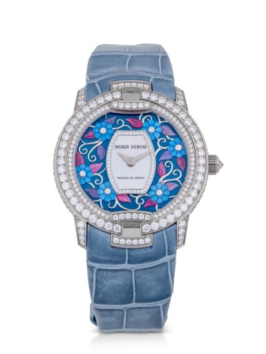 View full screen - View 1 of Lot 14. ROGER DUBUIS | VELVET, REF 86770 UNIQUE WHITE GOLD AND DIAMOND-SET WRISTWATCH WITH MOTHER-OF-PEARL DIAL CIRCA 2016.