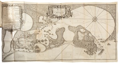 View full screen - View 1 of Lot 214. Relation de l'expedition de Carthagene, Faite par les François en M.DC.XCVII. Amsterdam, 1698. In-12. Reliure de l'époque. Édition originale..