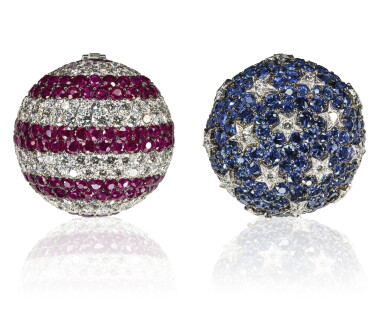 View full screen - View 1 of Lot 81. Pair of sapphire, ruby and diamond ear clips, 'Stars and Stripes', Michele della Valle.