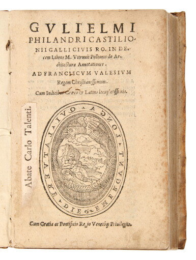 View full screen - View 1 of Lot 582. Philandrier, In decem libros Vitruvii de architectura annotationes, Rome, 1544, contemporary limp vellum.