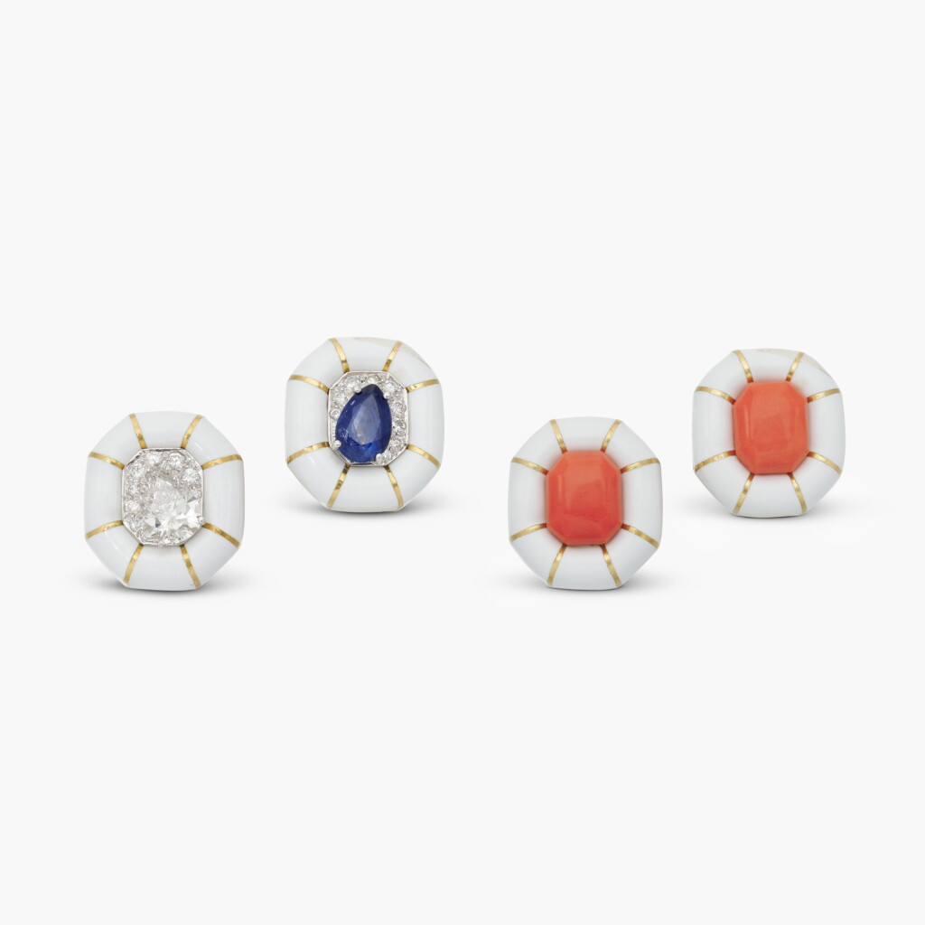 View full screen - View 1 of Lot 733. Pair of Sapphire, Diamond, Coral and Enamel Earclips.