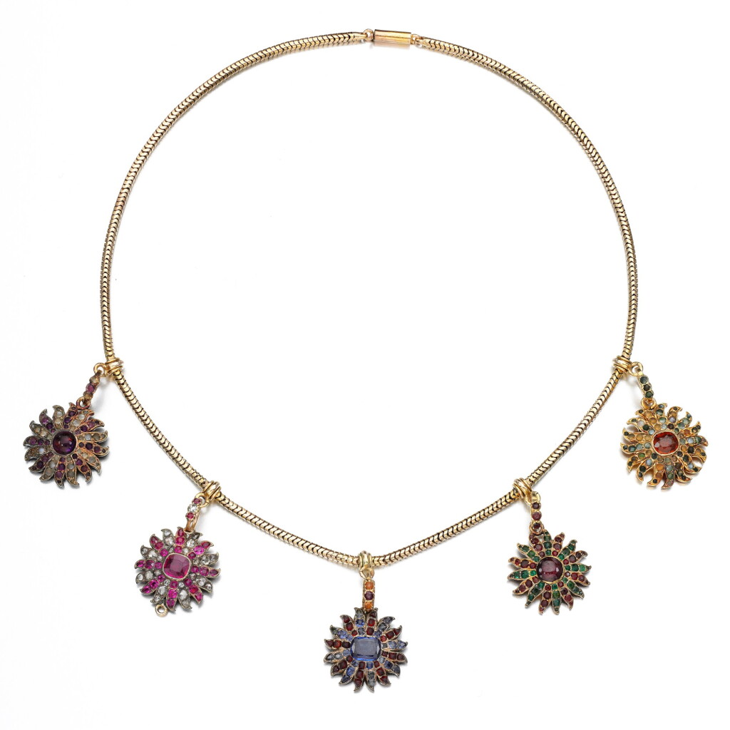 View full screen - View 1 of Lot 113. Gold and gem-set necklace, mid 19th century.