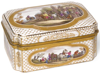 View full screen - View 1 of Lot 45. A Meissen porcelain gilt-metal mounted casket and cover, circa 1870, outside-decorated.