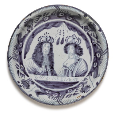 View full screen - View 1 of Lot 67. A Dutch Delft blue and white William and Mary Royal double portrait dish, circa 1690.
