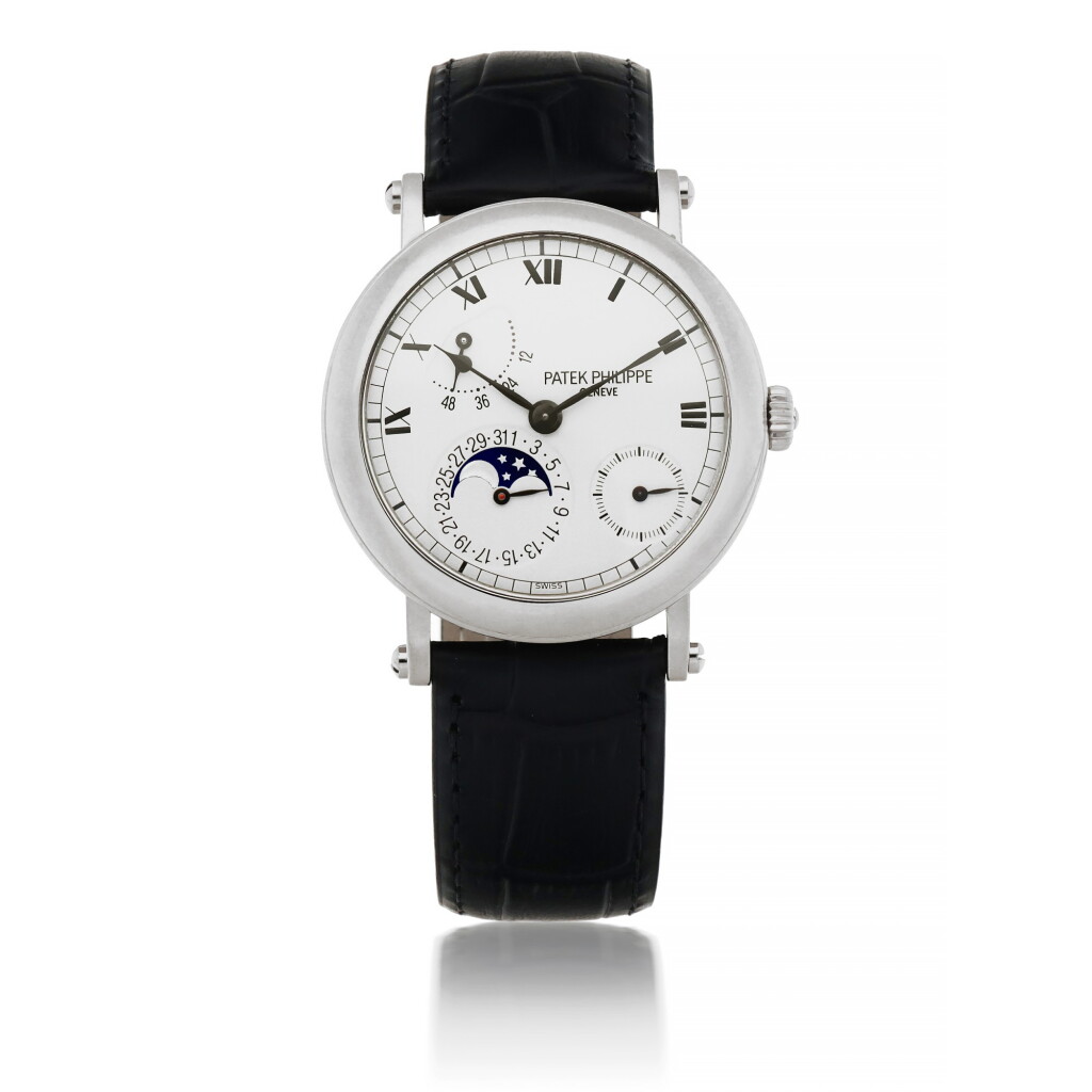 View full screen - View 1 of Lot 558. PATEK PHILIPPE | REF 5054 WHITE GOLD WRISTWATCH WITH DATE, POWER RESERVE AND MOON PHASE INDICATION CIRCA 2000.