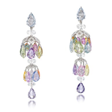 View full screen - View 1 of Lot 1013. Pair of white gold, diamond, sapphire and rock crystal earrings, 'Carrousel' .