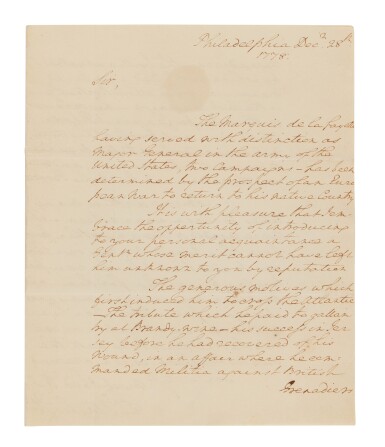 View full screen - View of Washington, George | An extraordinary letter marking the conjunction of three of the most consequential figures of the American Revolution: George Washington, the Marquis de Lafayette, and Benjamin Franklin.