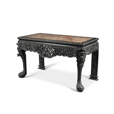View full screen - View 1 of Lot 78. A carved marble-inset 'hongmu' side table, 20th century | 二十世紀 紅木嵌大理石桌.