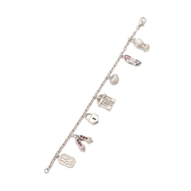 View full screen - View 1 of Lot 1207. Platinum, gem set and diamond charm bracelet.