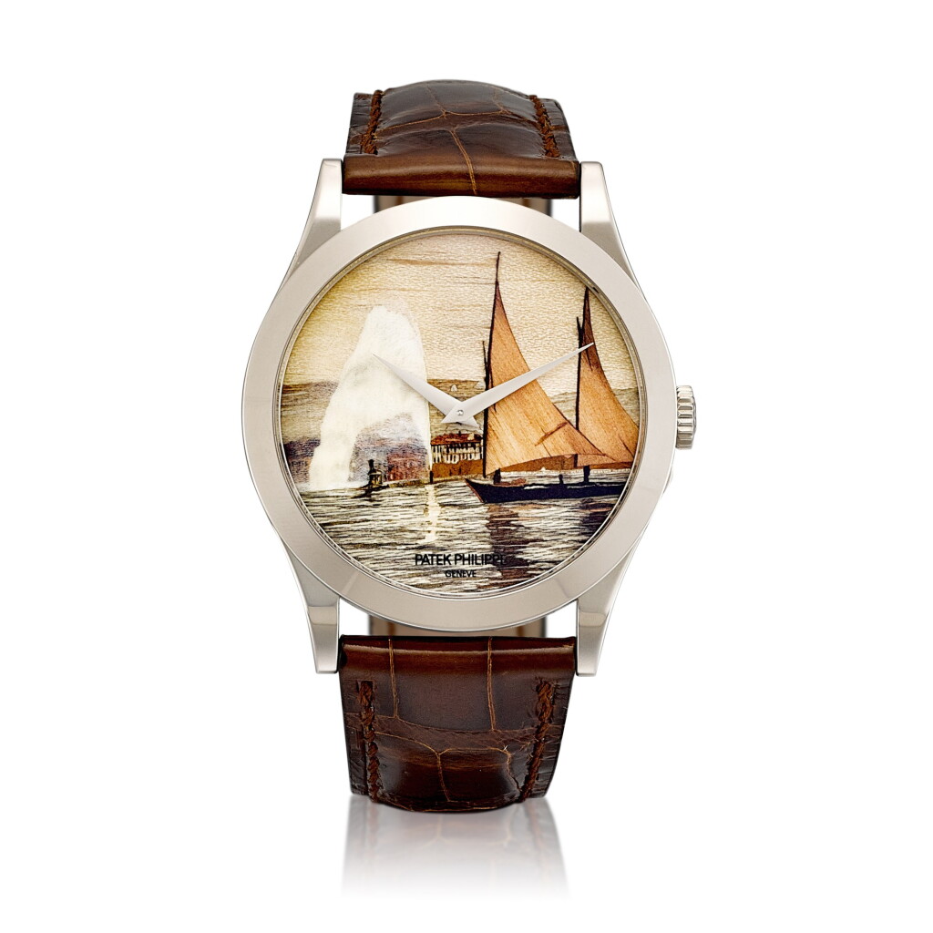 View full screen - View 1 of Lot 2309. Reference 5089 | A white gold wristwatch with wood marquetry dial, Made to commemorate the 175th anniversary of Patek Philippe, Circa 2014 | 百達翡麗 | 型號5089 | 白金腕錶,備細木雕嵌錶盤,為紀念百達翡麗175週年而製, 約2014年製 .