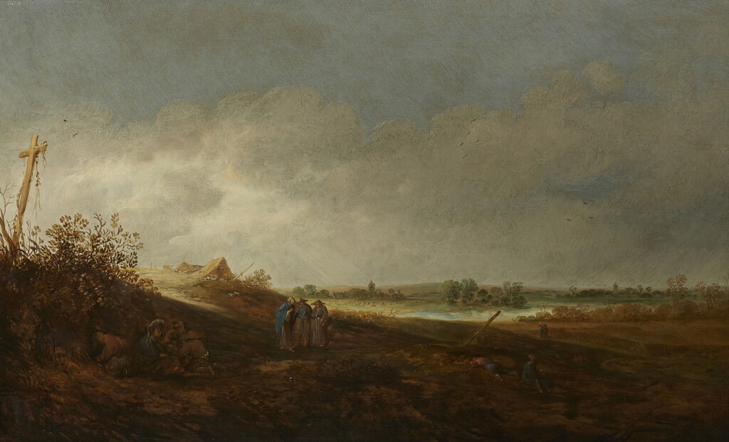 View full screen - View 1 of Lot 251. CORNELIS SYMONSZ. VAN DER SCHALCKE | A DUNE LANDSCAPE WITH PEASANTS AND GYPSIES RESTING AND CONVERSING.